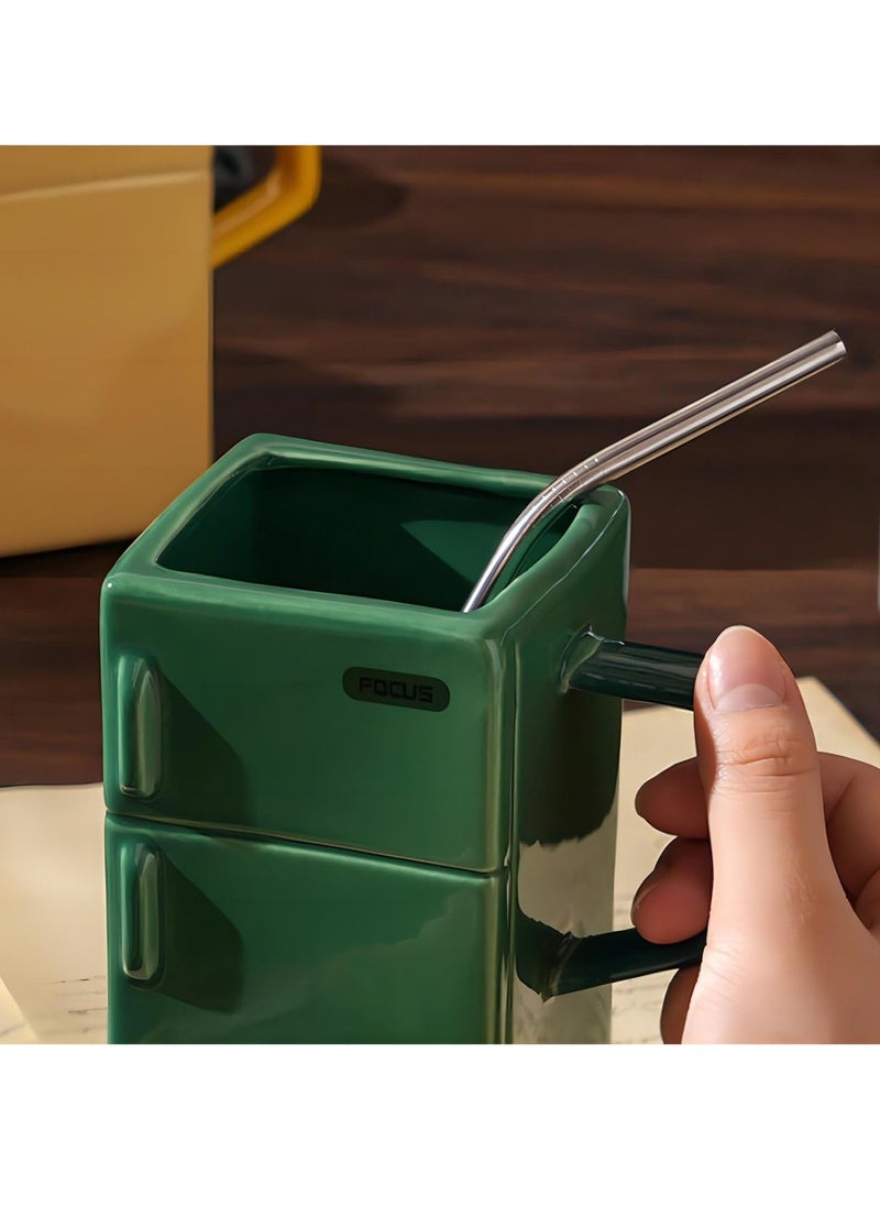 Refrigerator Marking Cup Ceramic Cup Funny Coffee Cup with Lid and Straw 550ml Cup for Office and Gift (Dark Green)