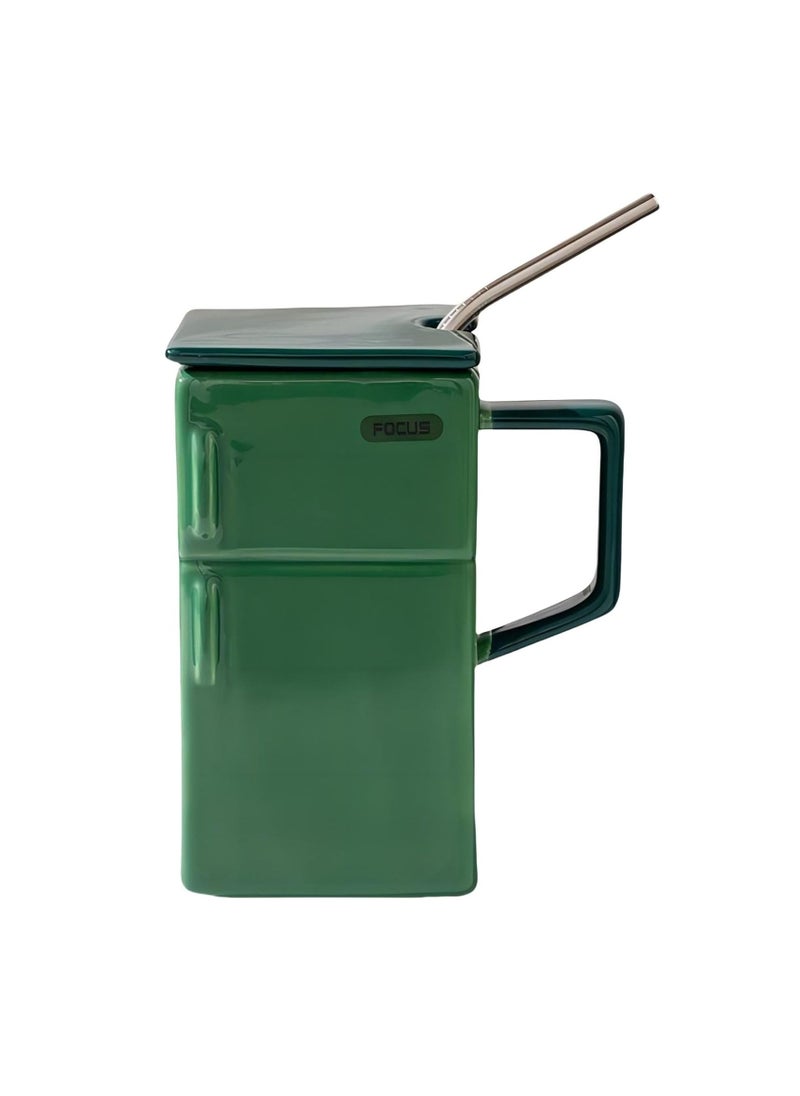 Refrigerator Marking Cup Ceramic Cup Funny Coffee Cup with Lid and Straw 550ml Cup for Office and Gift (Dark Green)