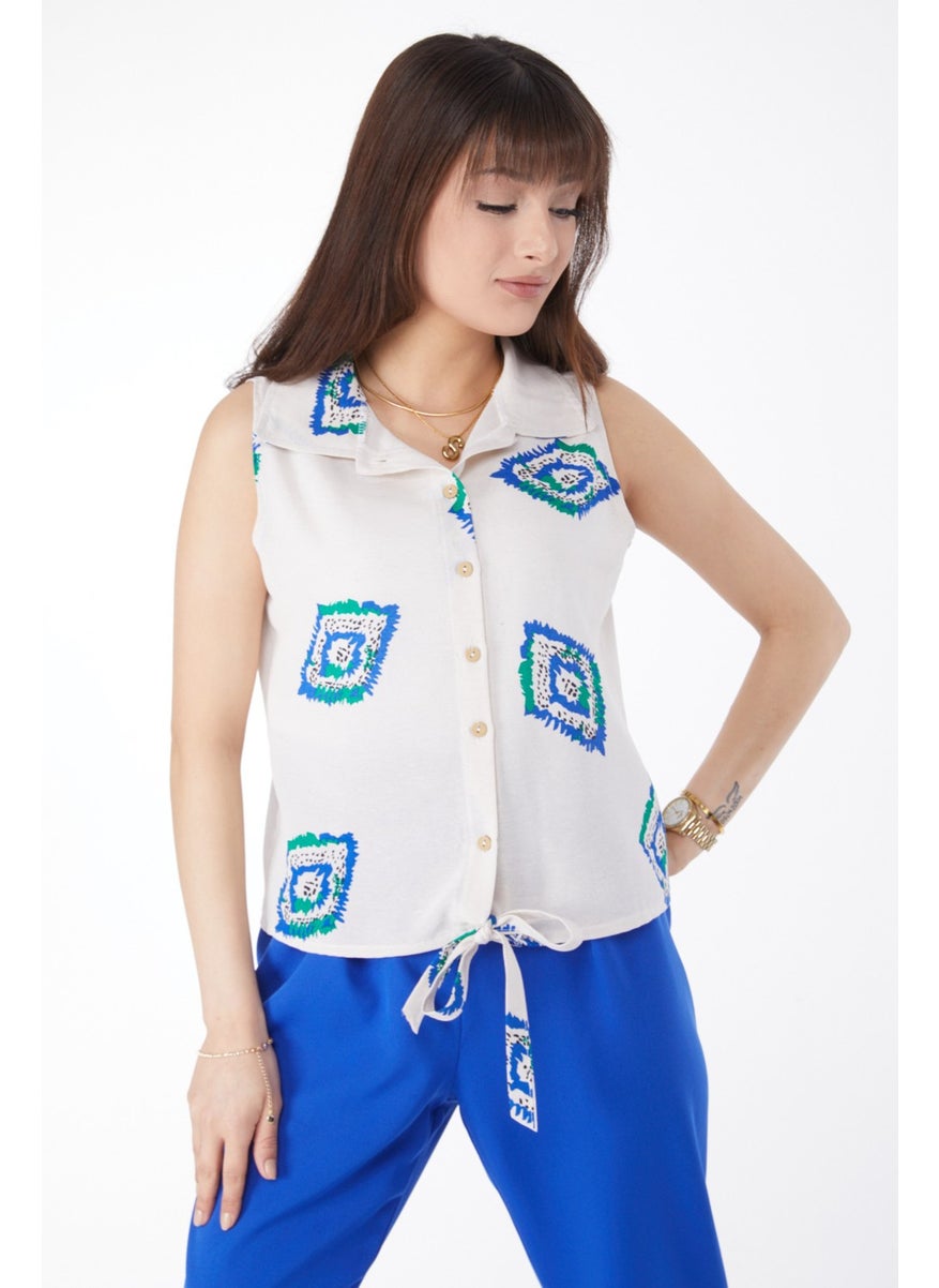 Plain Shirt Collar Women Blue Tied Hem Patterned Shirt - 13150