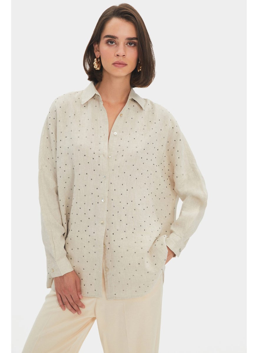 Women's Exclusive Oversize/loose Cut 100% Linen Polka Dot Shirt