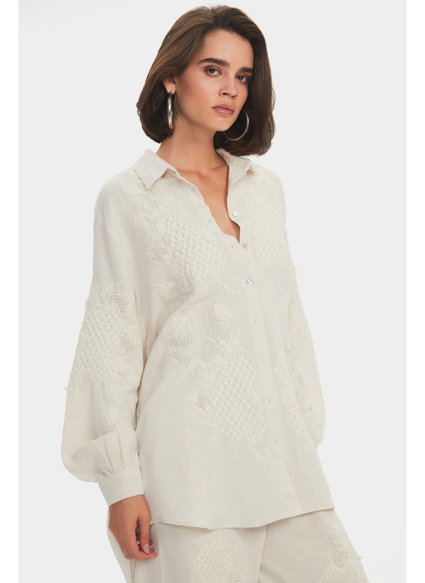 Women's Exclusive Oversize/loose Cut Embroidered and Pearl Detailed Shirt