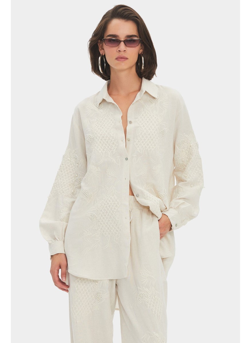 Women's Exclusive Oversize/loose Cut Embroidered and Pearl Detailed Shirt