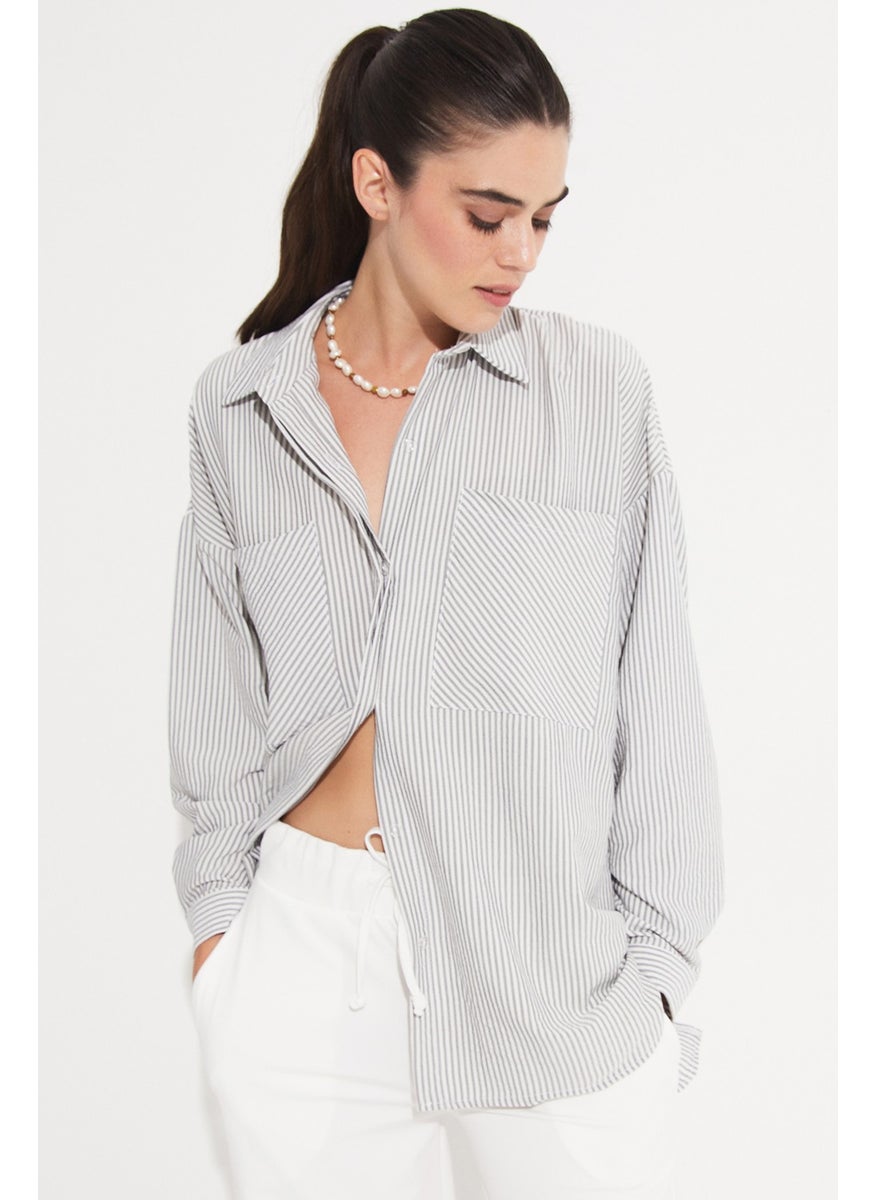 Women's Striped Woven Shirt with Pocket Detail