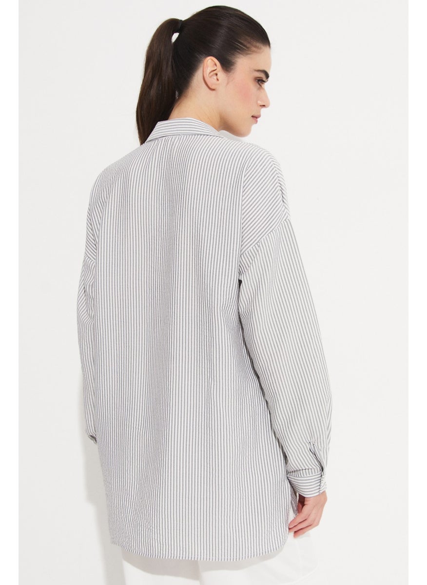 Women's Striped Woven Shirt with Pocket Detail