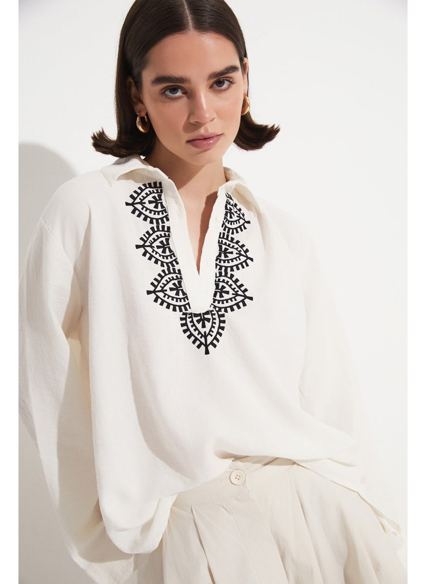 Women's Cotton Polo Neck Embroidered Detailed Blouse