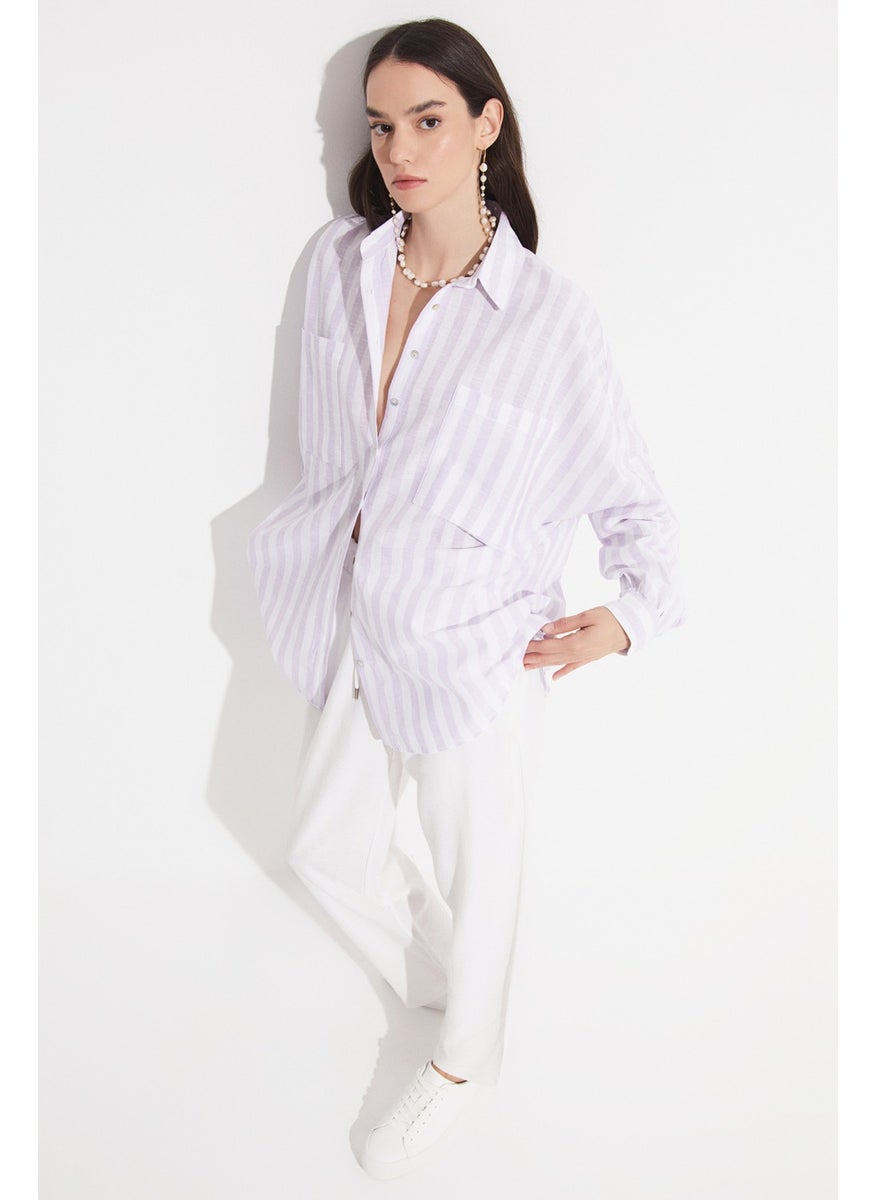 Women's Exclusive Boyfriend/Wide Fit Linen Blend Striped Shirt