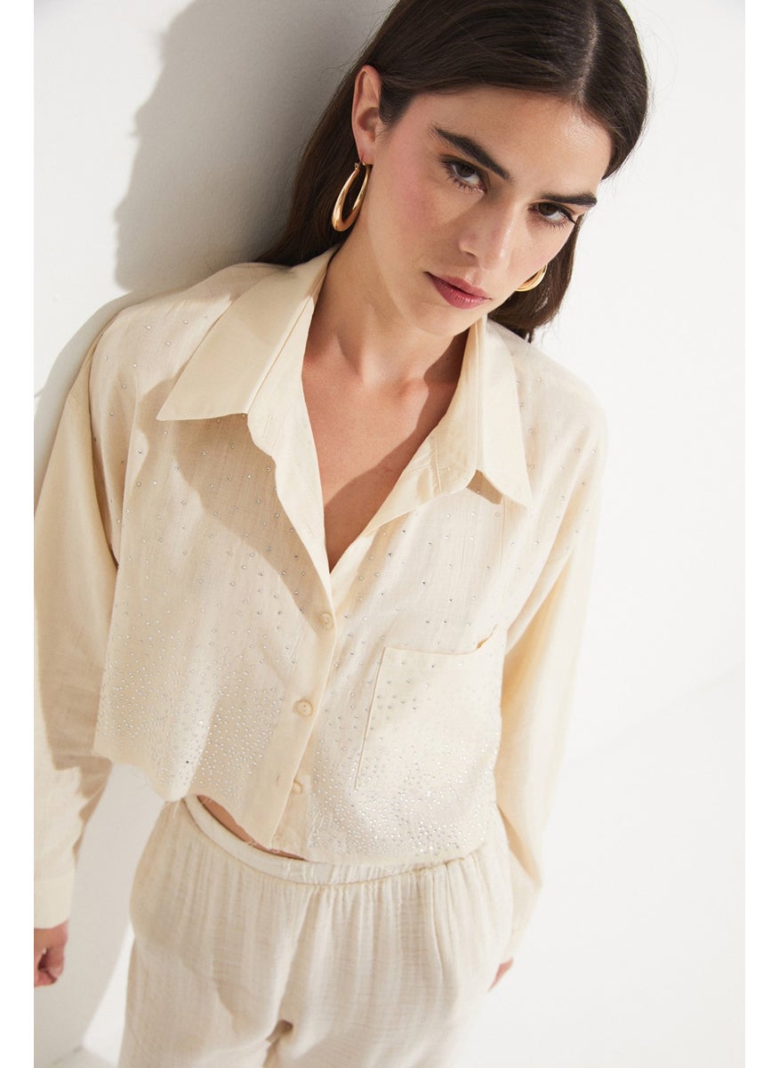 Women's Cotton Stone Detailed Crop Woven Shirt