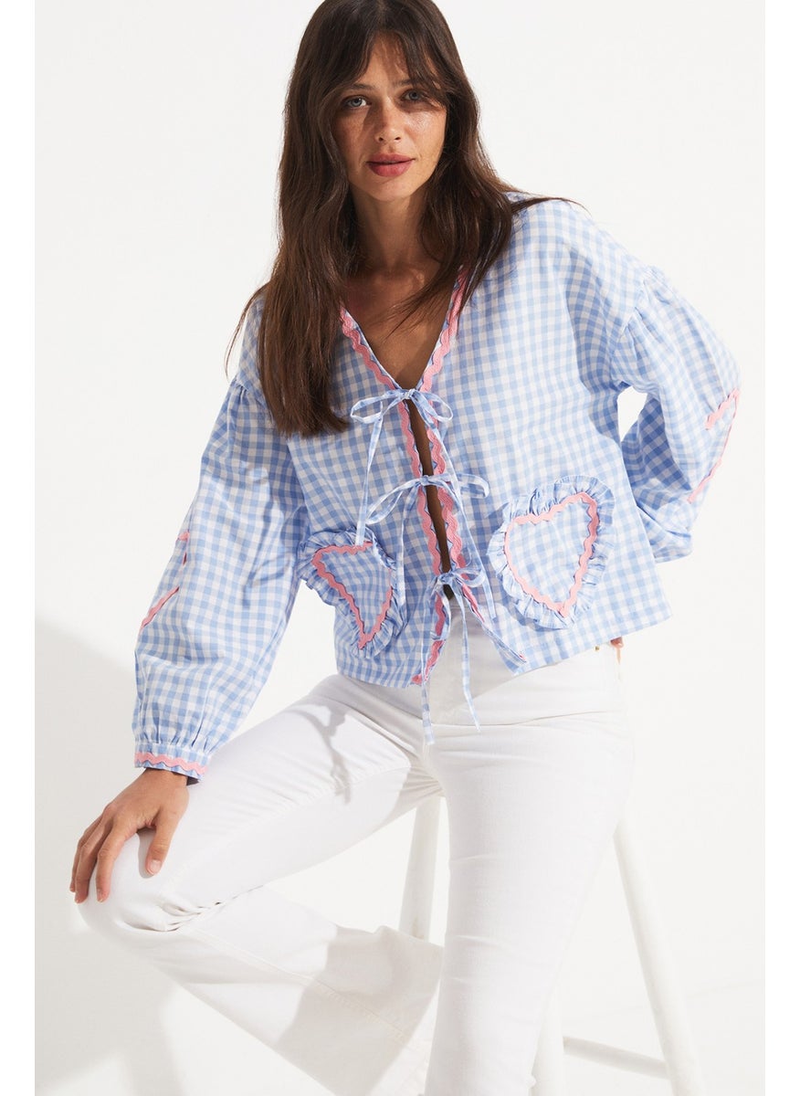 Women's Potikare Patterned Front Tie Cotton Blend Shirt