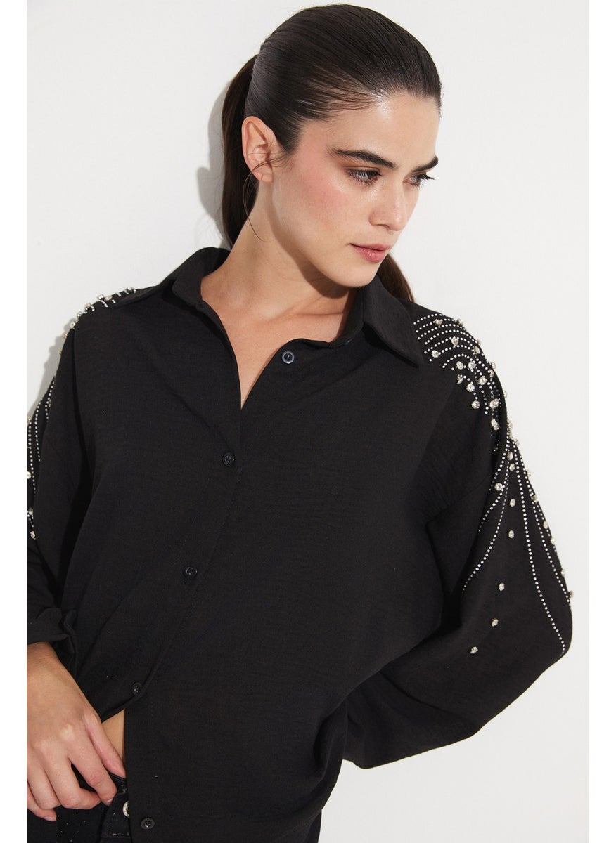 Women's Woven Shirt with Stone Detail on the Shoulder