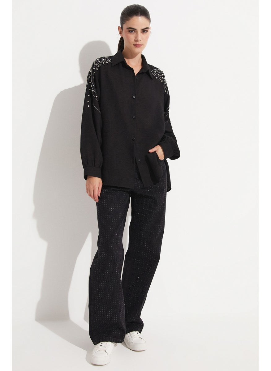 Women's Woven Shirt with Stone Detail on the Shoulder