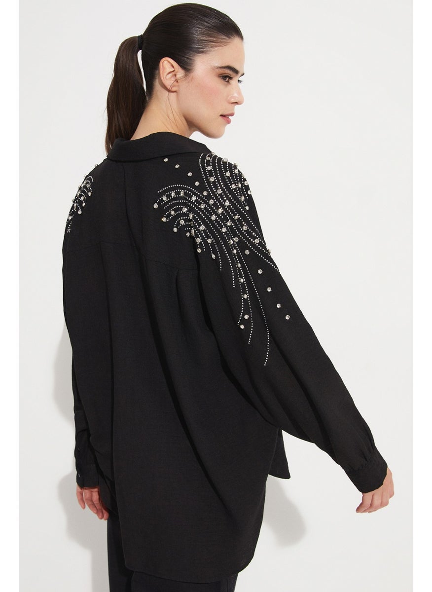 Women's Woven Shirt with Stone Detail on the Shoulder