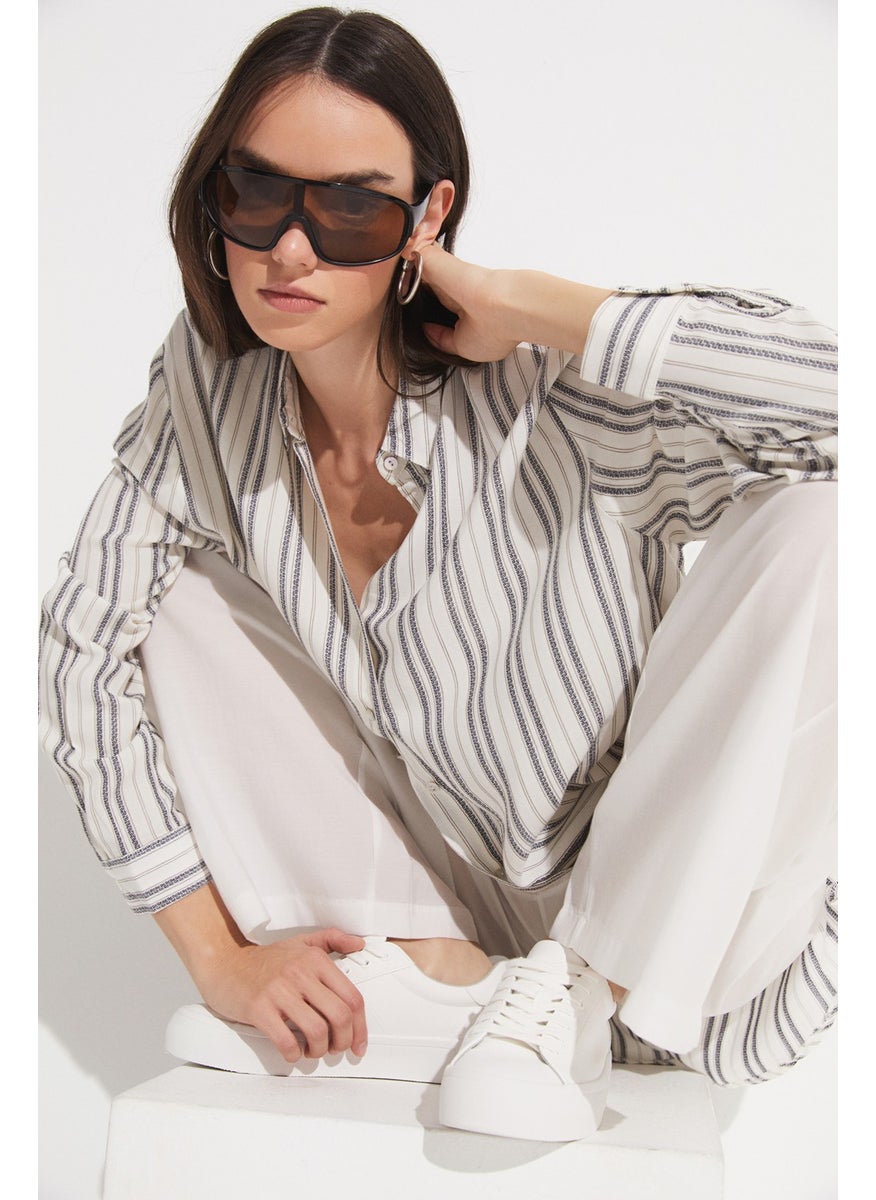 Women's Exclusive Boyfriend/Wide Pattern Striped 100% Viscose Woven Shirt