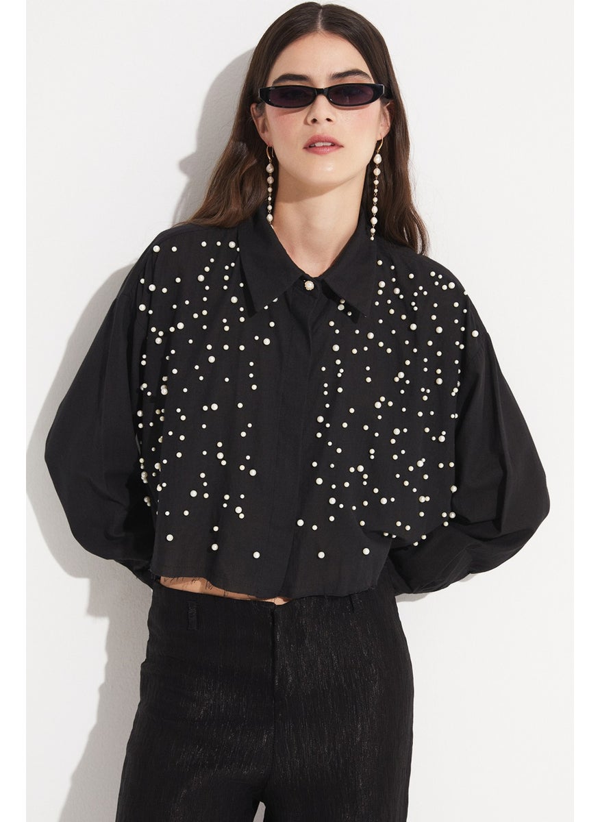 Women's Pearl Detail Cotton Crop Shirt