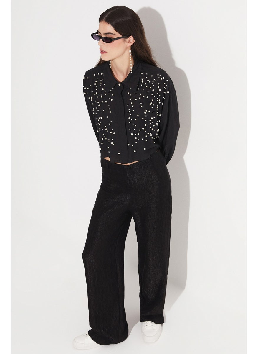 Women's Pearl Detail Cotton Crop Shirt