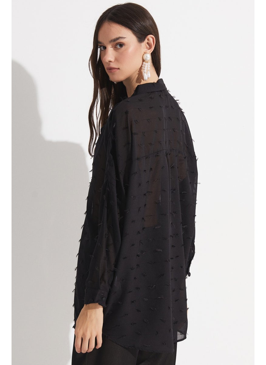 Women's Exclusive Oversize/loose Cut Self-Patterned Chiffon Shirt