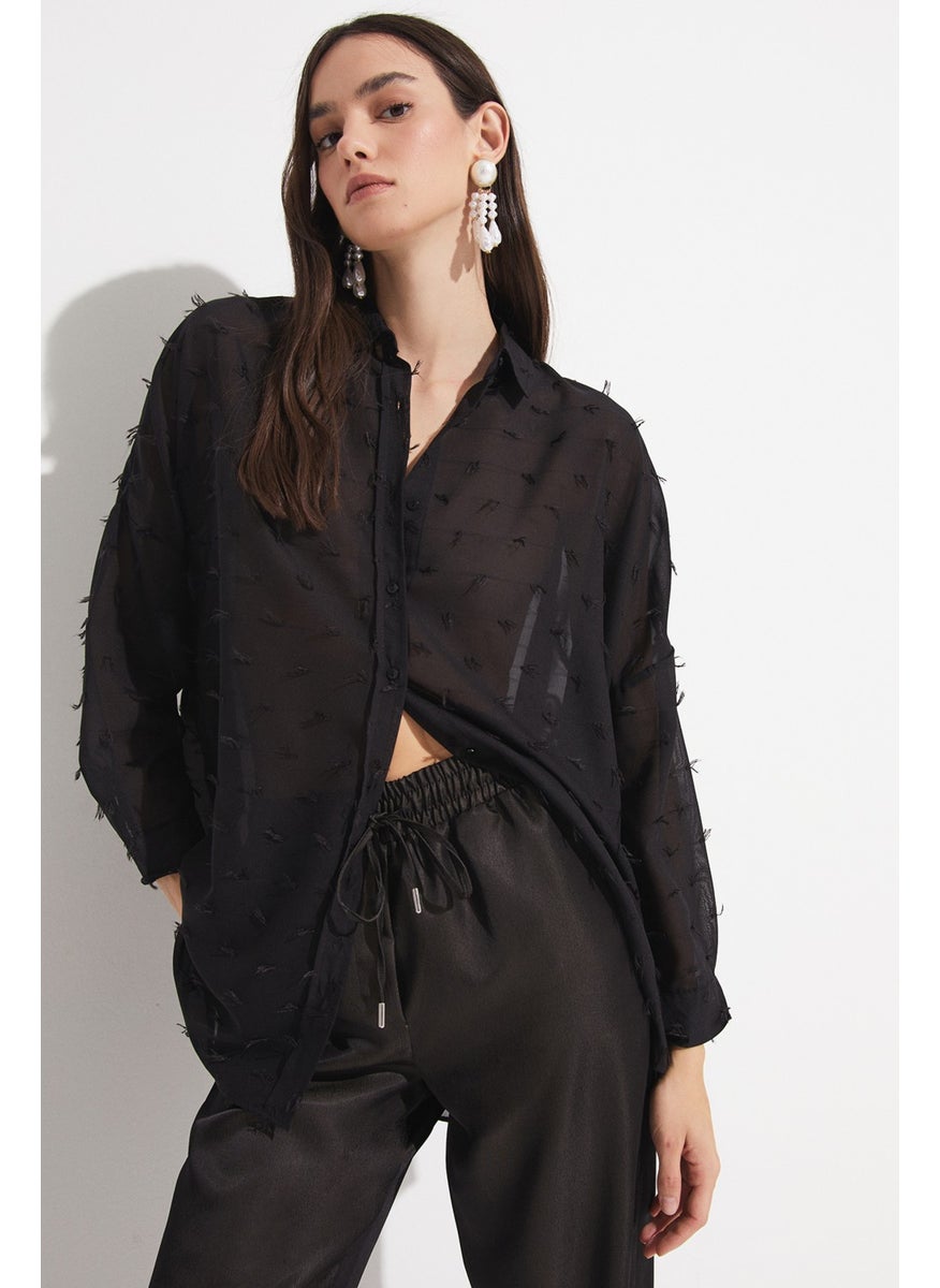 Women's Exclusive Oversize/loose Cut Self-Patterned Chiffon Shirt