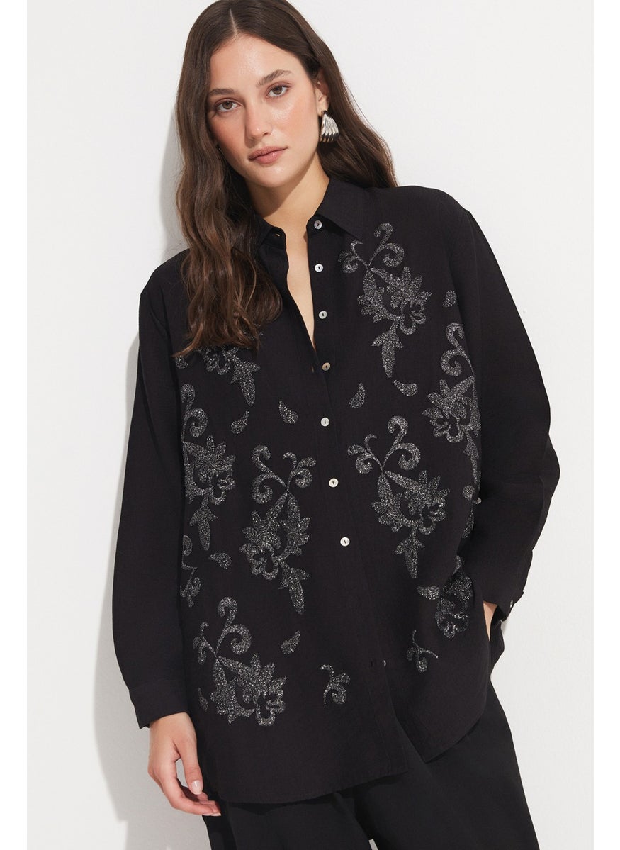 Women's Exclusive Oversize/loose Cut Linen Blend Embroidered Detail Shirt