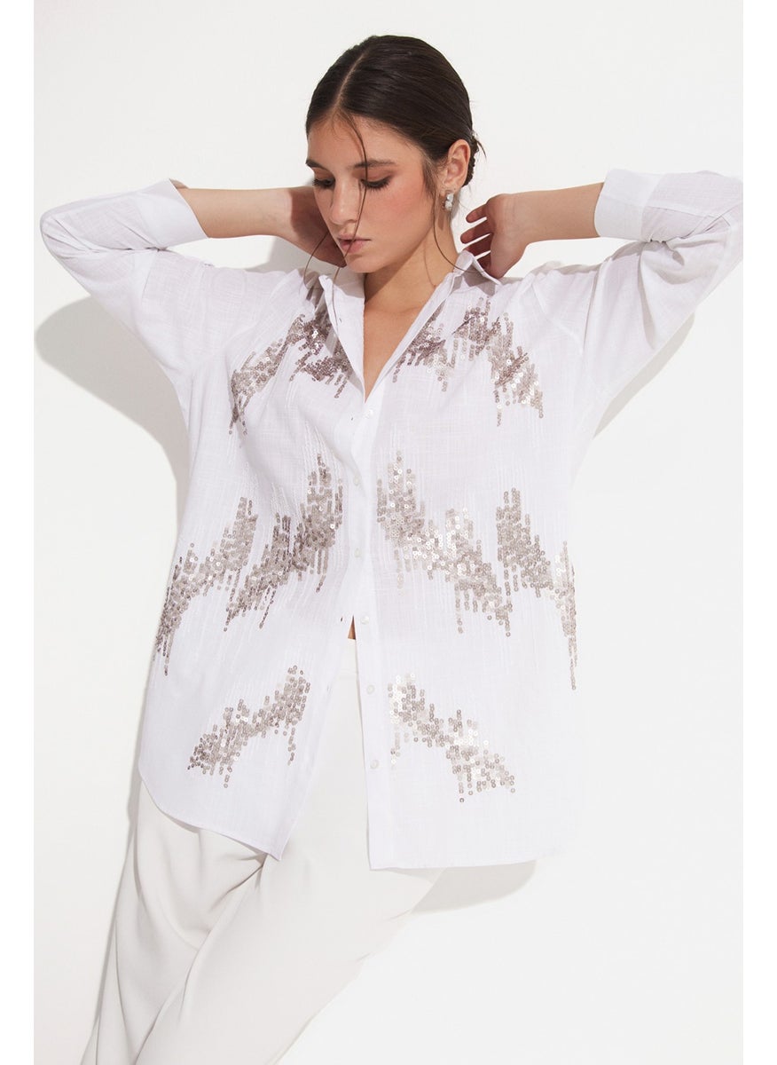 Women's Exclusive Oversize/loose Cut 100% Cotton Sequin Detail Shirt