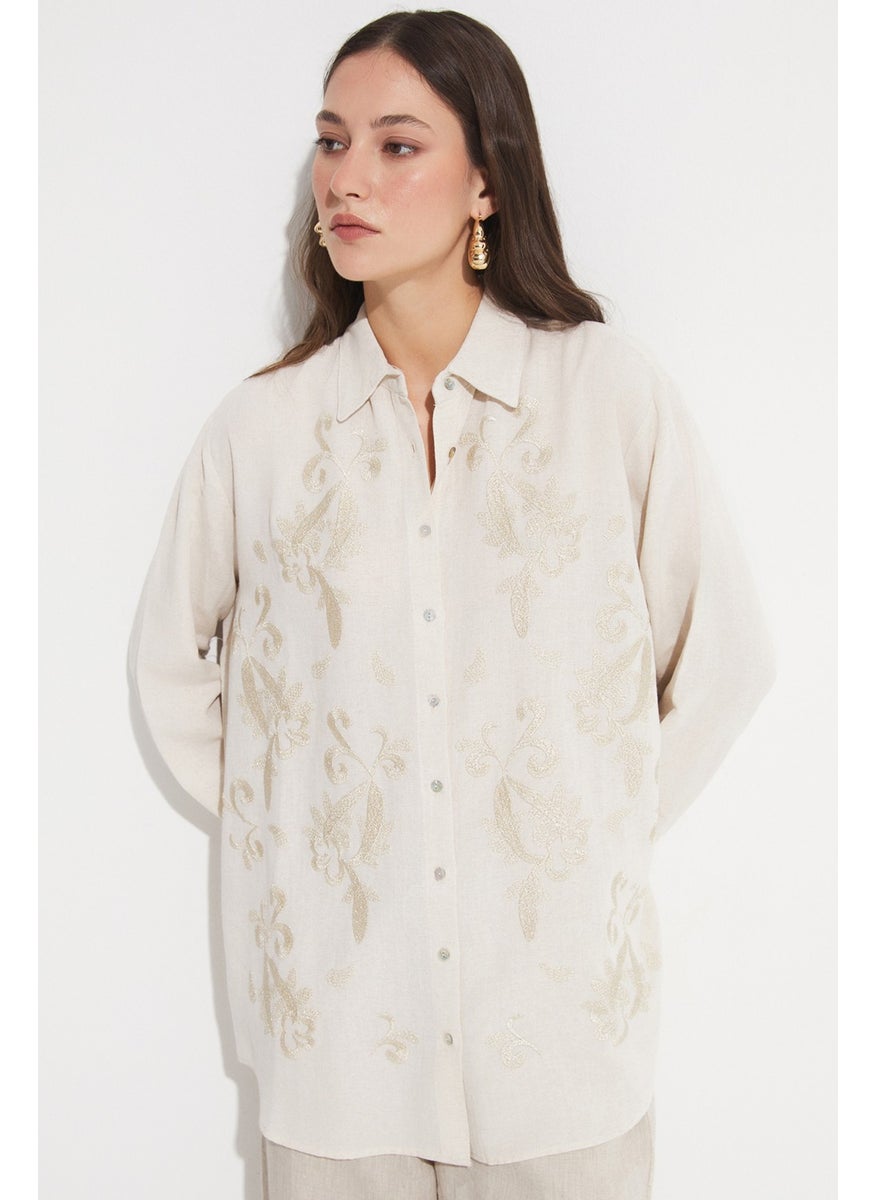 Women's Exclusive Oversize/loose Cut Linen Blend Embroidered Detail Shirt