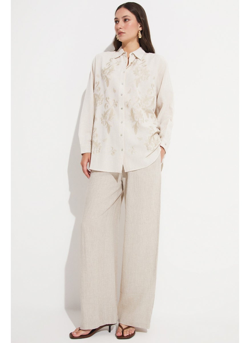 Women's Exclusive Oversize/loose Cut Linen Blend Embroidered Detail Shirt