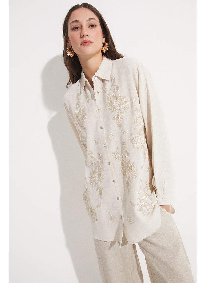 Women's Exclusive Oversize/loose Cut Linen Blend Embroidered Detail Shirt