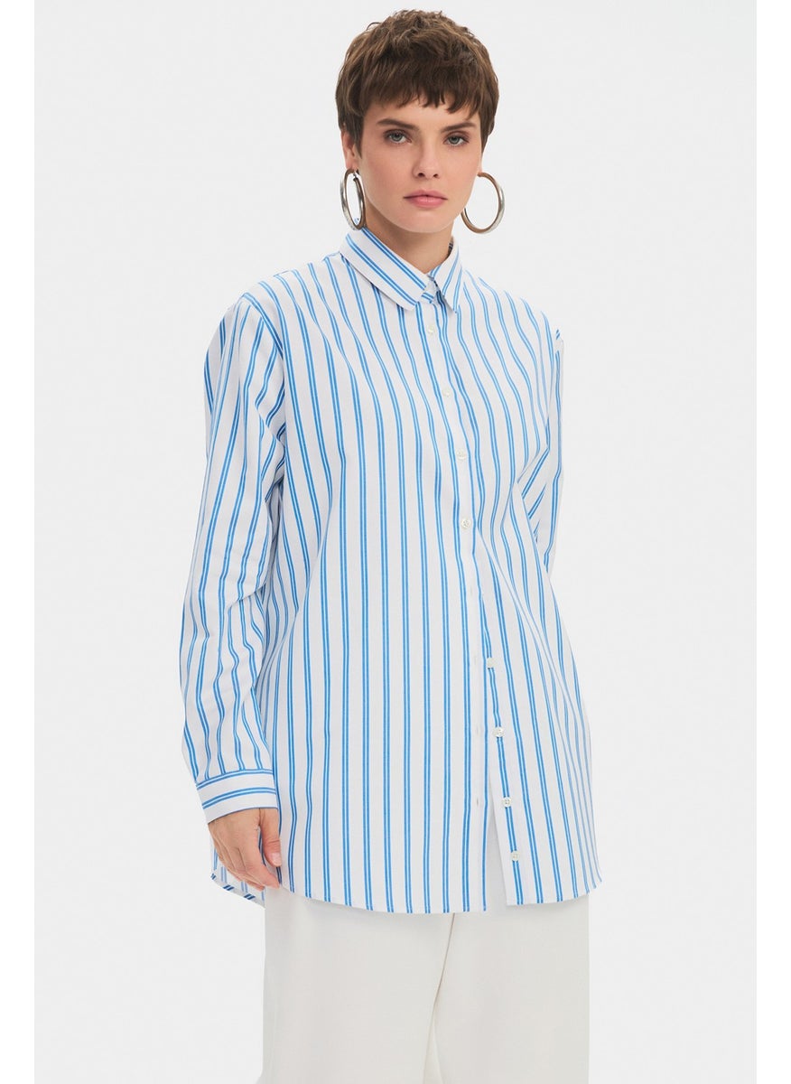 Women's Oversize/loose Cut 100% Cotton Blue Striped Shirt