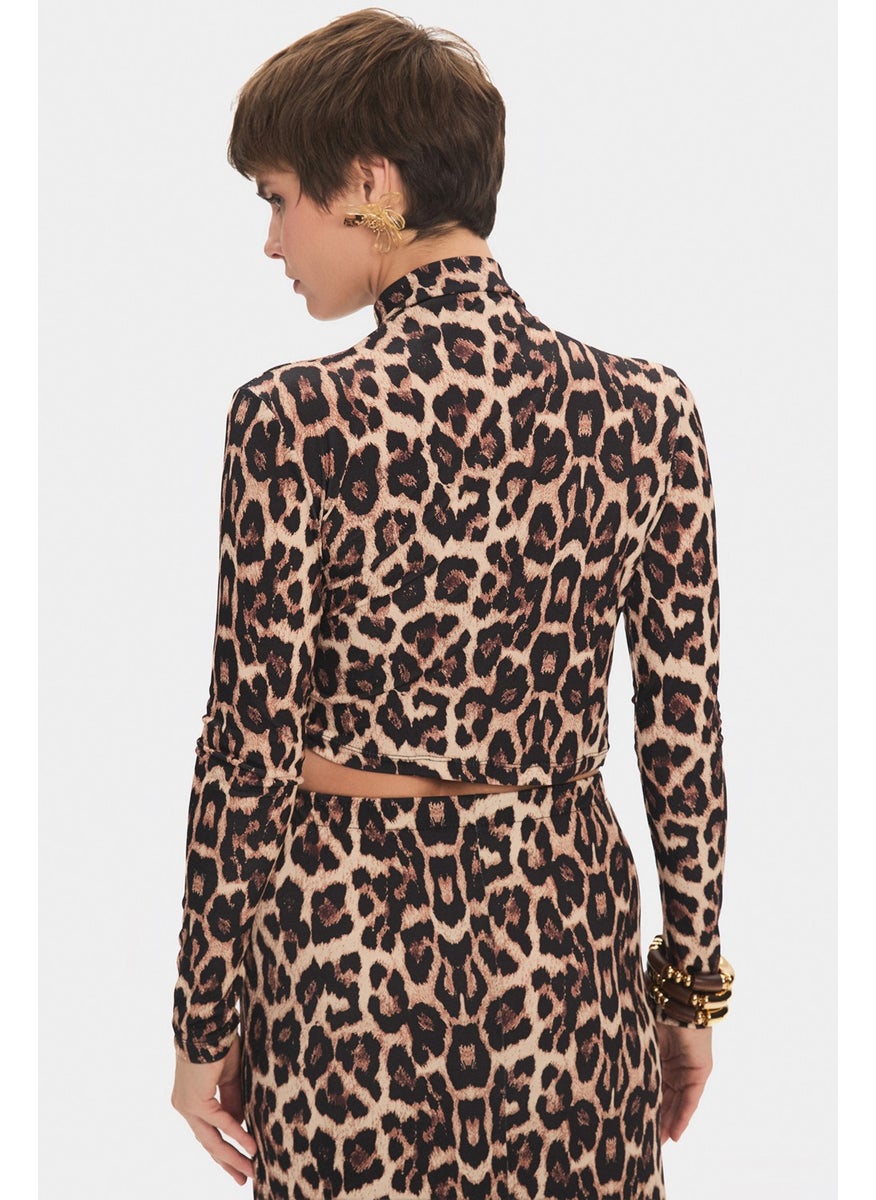 Women's Regular/normal Pattern Cotton Blend Turtleneck Leopard Patterned Blouse