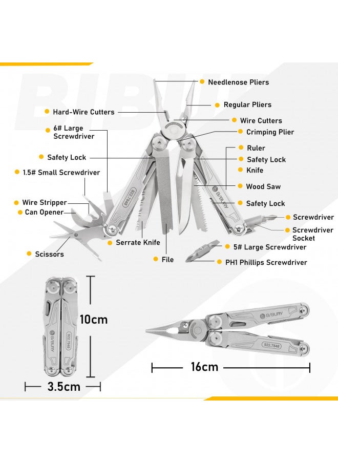 Fathers Day Gift, BIBURY Multitool, 19-in-1 Stainless Steel Multi Tool with Fold-able Pliers, Screwdriver Sleeve, Scissors, Nylon Pouch, Muti-tool for Camping Survival Hiking Hunting Repairing