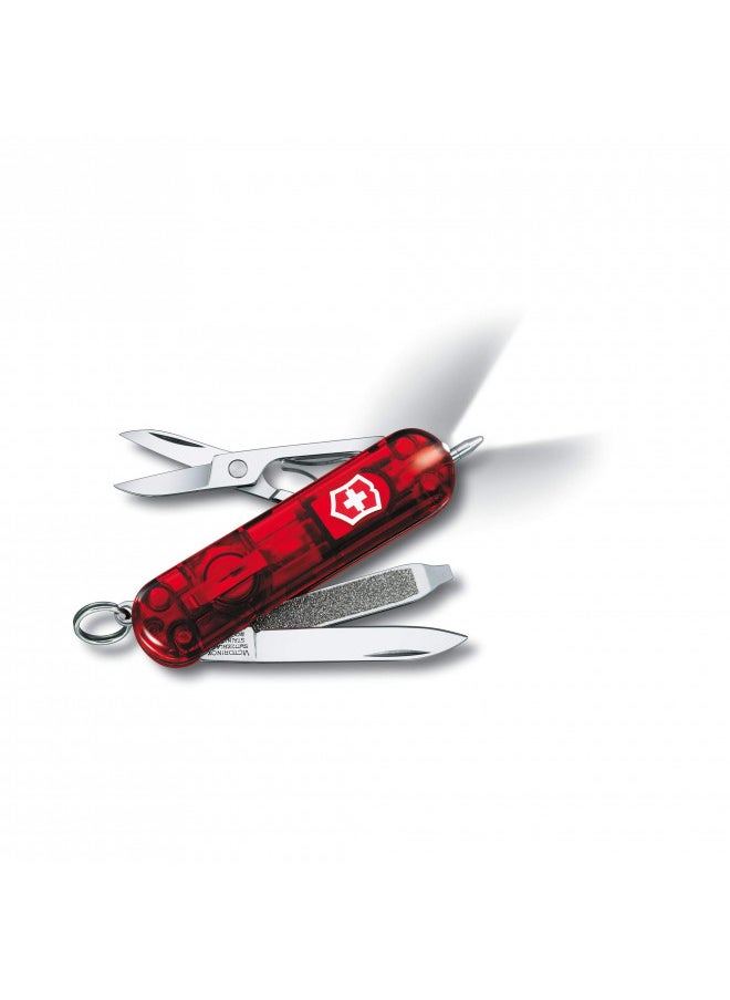 Victorinox Signature Lite Swiss Army Knife, Compact, 7 Functions, Swiss Made Pocket Knife with Pressurized Ballpoint Pen, LED and Key Ring - Ruby