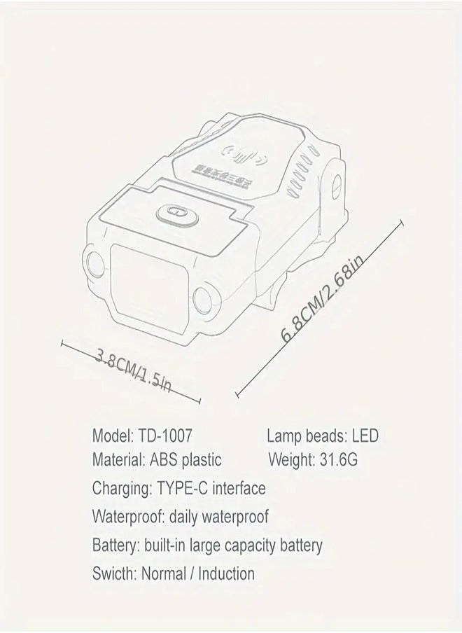 Smiling Shark 1pc Rechargeable LED Headlight, Mini Hands-free Clip On Cap Light - Waterproof Hat Light With Sensor Motion For Fishing Camping