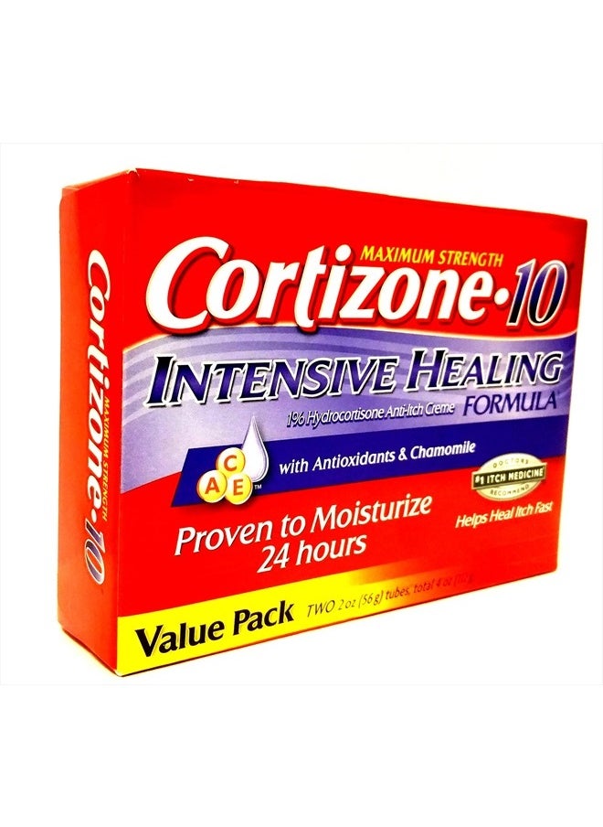 cortizone 10 Maximum Strenght Intensive Healing 1% hydrocortisone Anti Itch Cream Two 20z Tubes, Total 4 oz