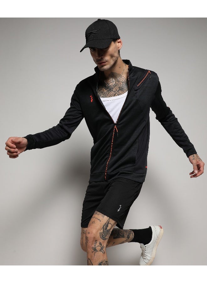 Men's Black Heathered Activewear Jacket With Reflective Detail