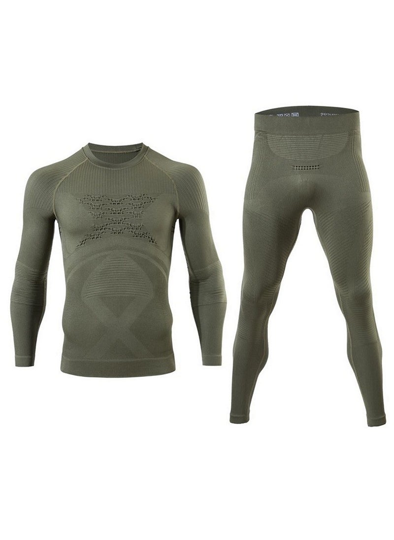 Skiing Sports Function Underwear Single Guide Wet Suction and Discharge Quick-drying Running Fitness Compression Long Sleeve Pants Two-piece Set Army Green