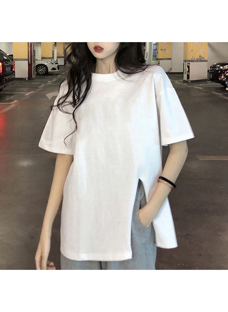 Summer Thin White T-Shirt with Side Slit White without print