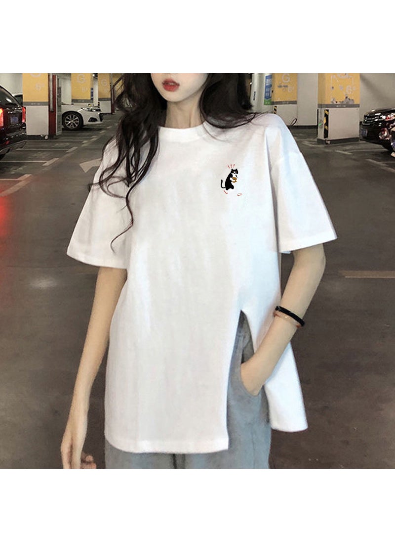 Summer Thin White T-Shirt with Side Slit 487 right