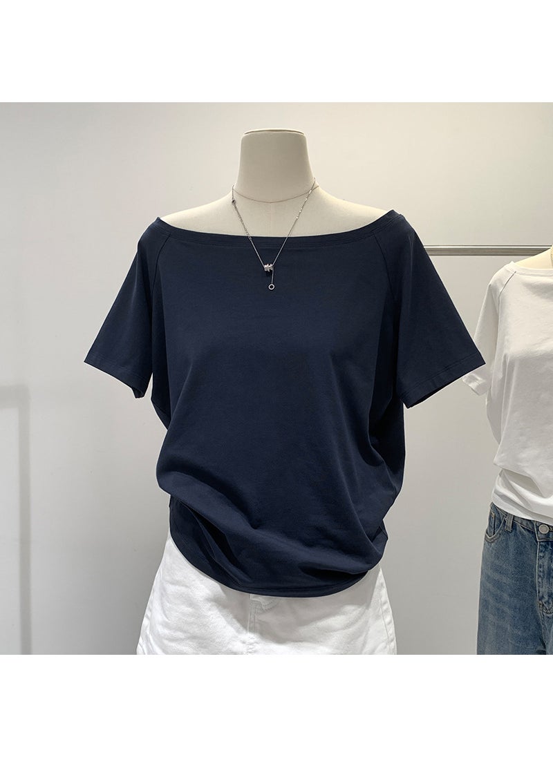 Celebrity Style Off-Shoulder Loose Tee for Women Navy blue