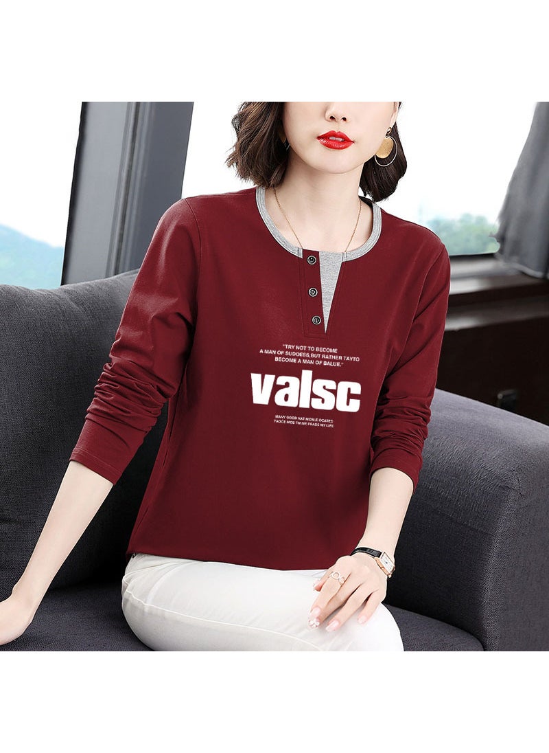 Cotton Long Sleeve Tee Spring Thin Plus Size Ladies Burgundy-VaLSC letters [white]