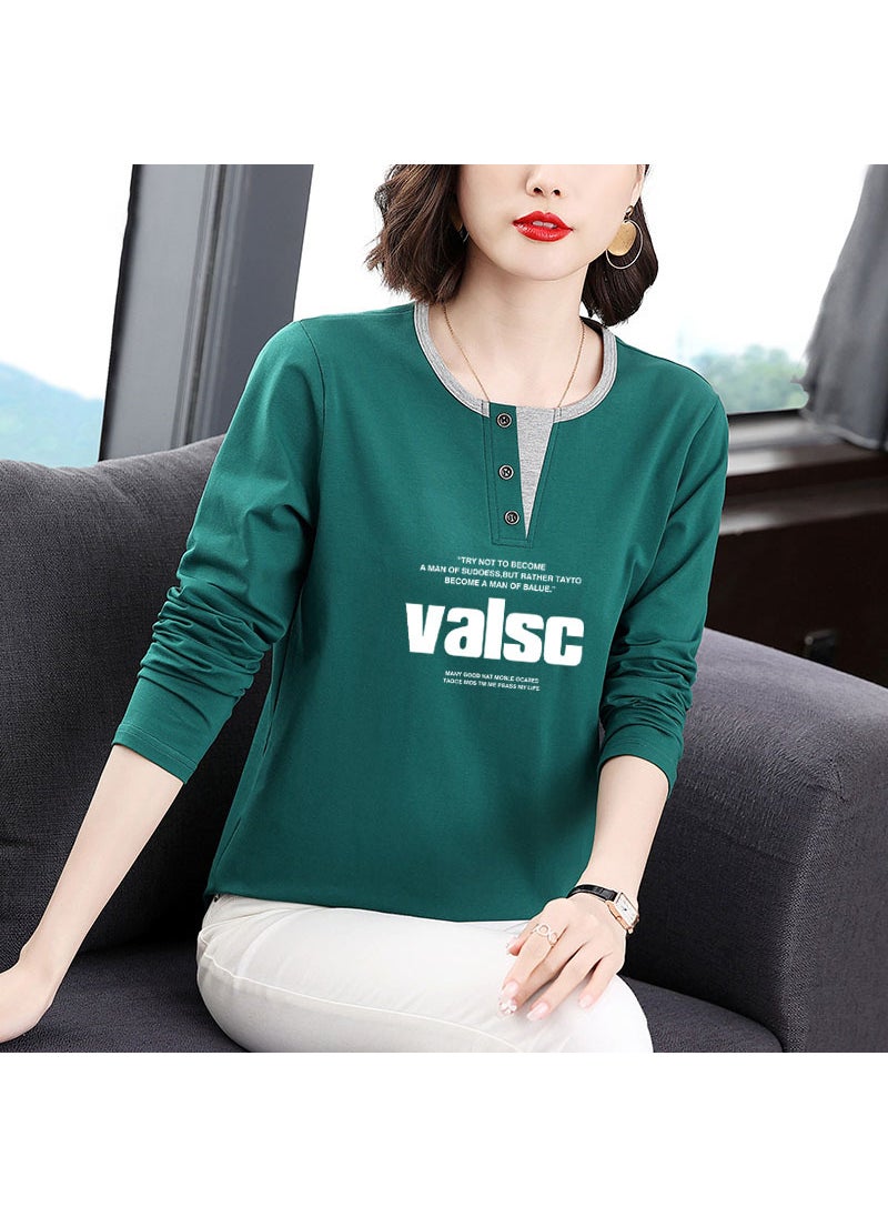 Cotton Long Sleeve Tee Spring Thin Plus Size Ladies Dark green-VaLSC letters [white]