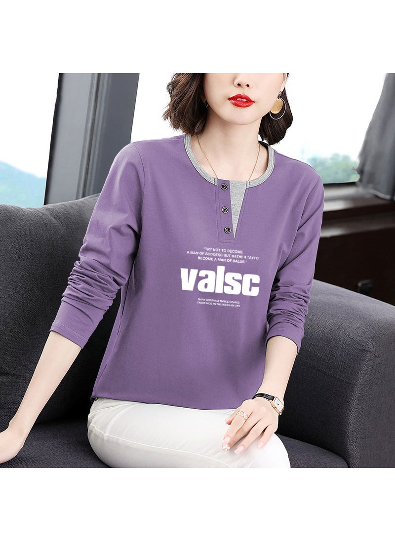 Cotton Long Sleeve Tee Spring Thin Plus Size Ladies Purple-VaLSC letters [white]