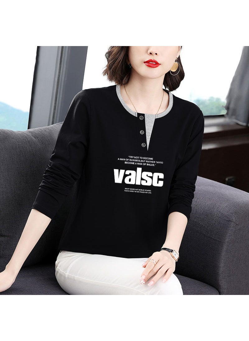 Cotton Long Sleeve Tee Spring Thin Plus Size Ladies Black-VaLSC letters [white]