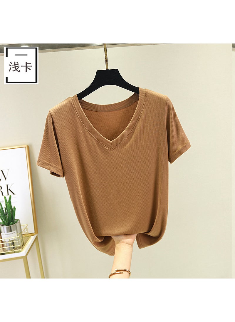 2024 Slim V-Neck Modal Tee Womens Summer Thin Light khaki