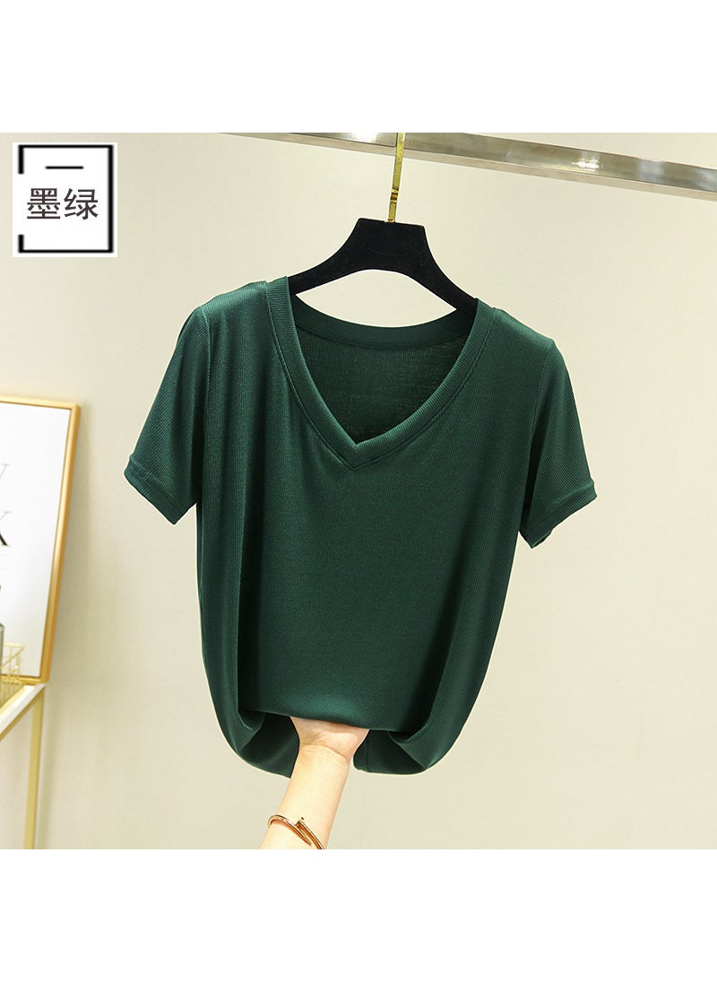 2024 Slim V-Neck Modal Tee Womens Summer Thin Dark green