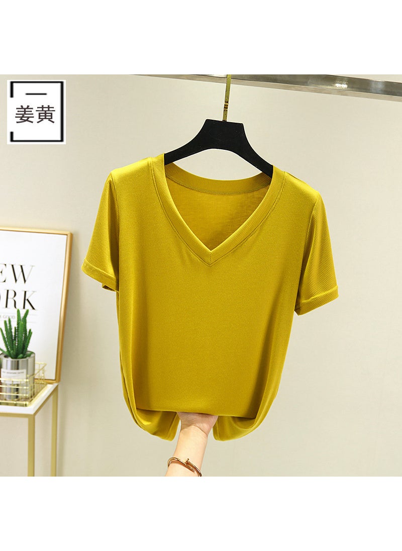 2024 Slim V-Neck Modal Tee Womens Summer Thin Turmeric