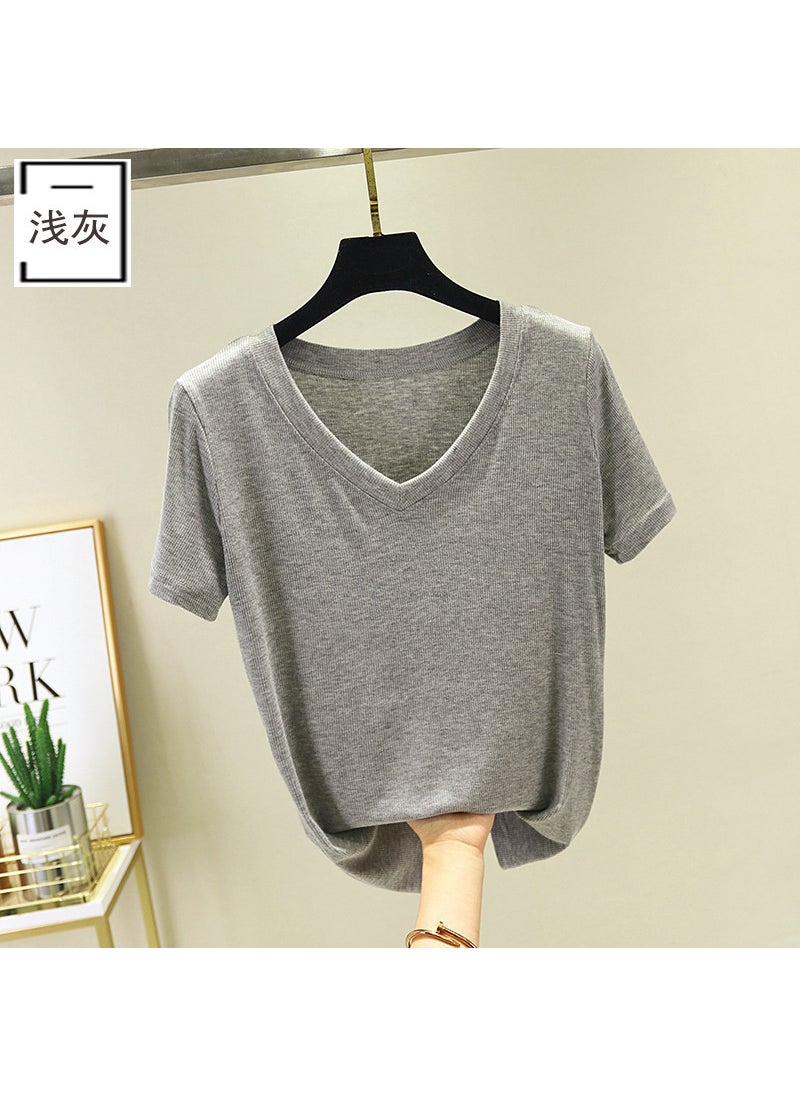 2024 Slim V-Neck Modal Tee Womens Summer Thin Light gray