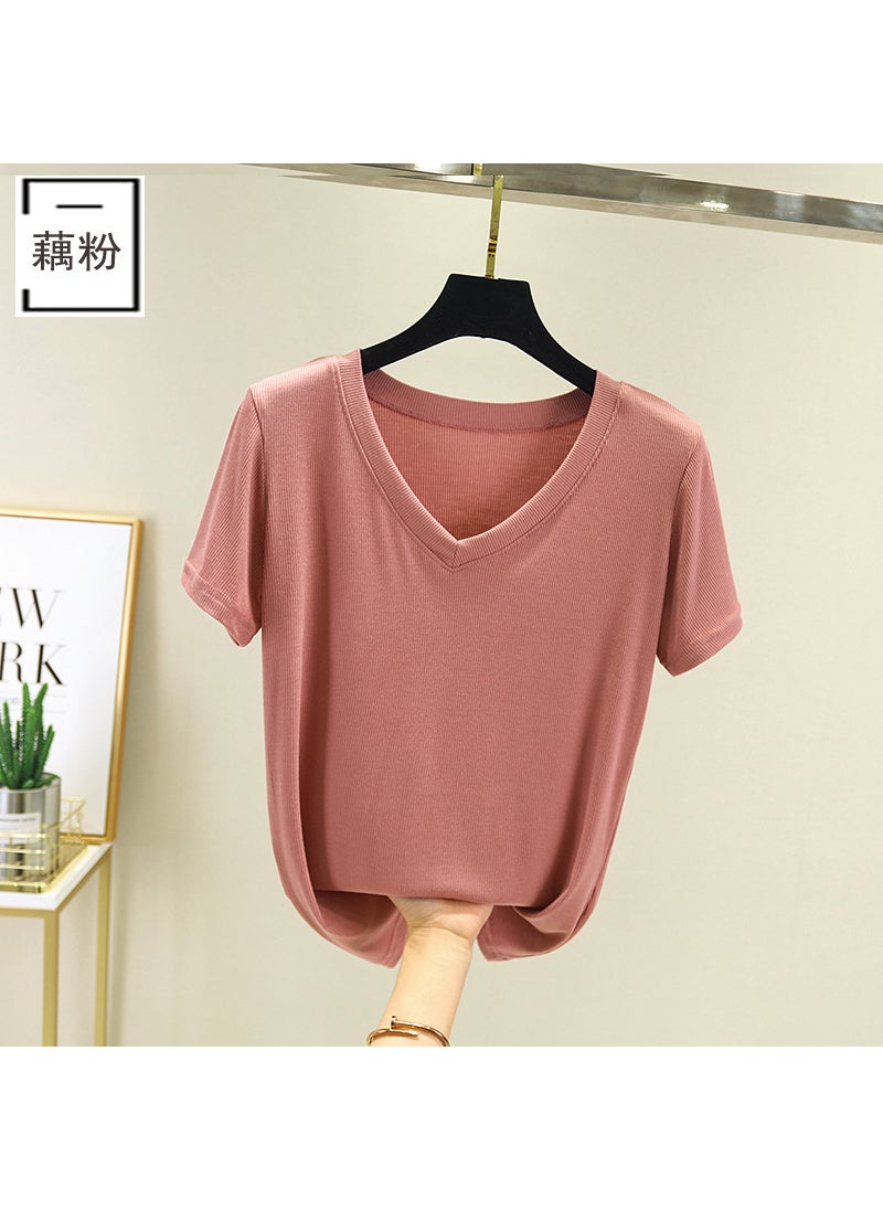 2024 Slim V-Neck Modal Tee Womens Summer Thin Lotus root powder