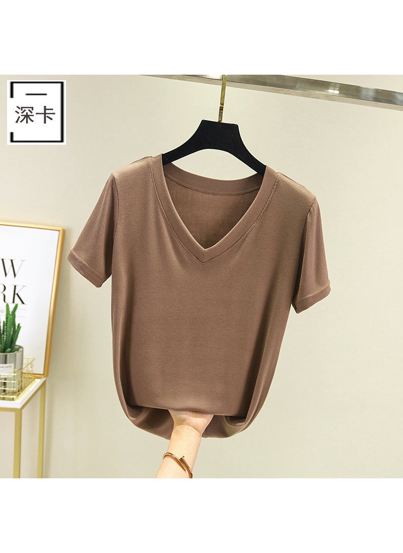 2024 Slim V-Neck Modal Tee Womens Summer Thin Dark khaki