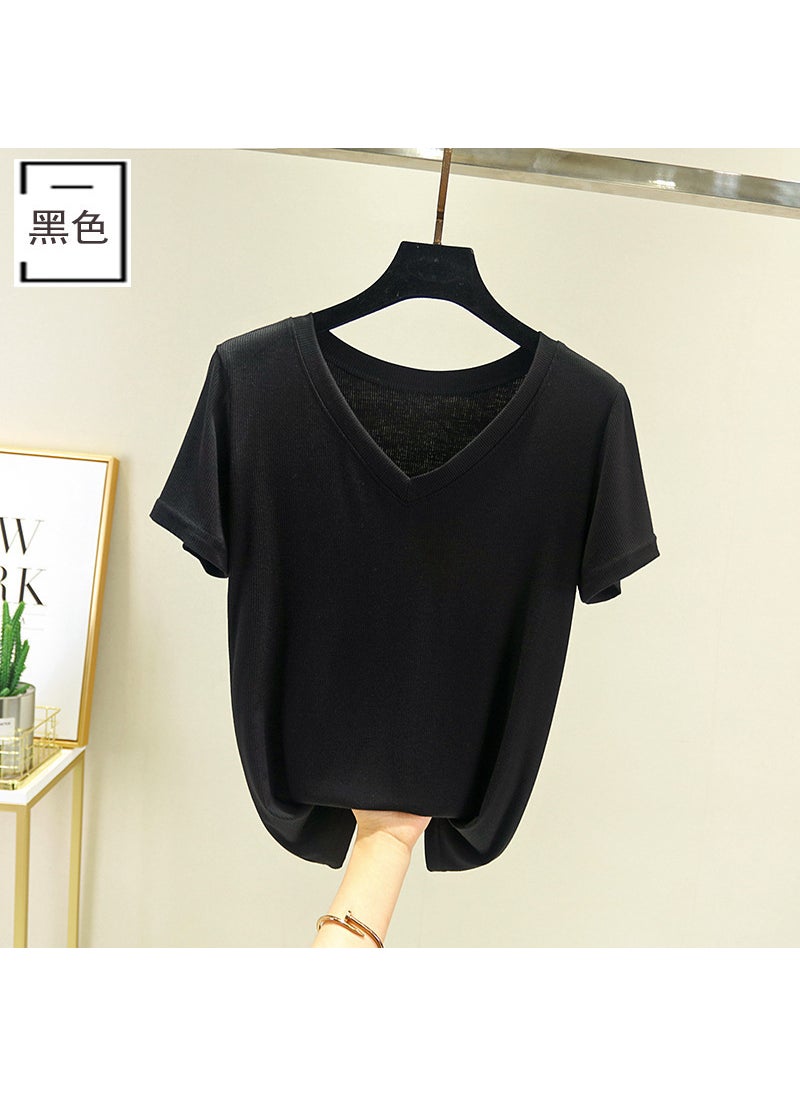 2024 Slim V-Neck Modal Tee Womens Summer Thin Black