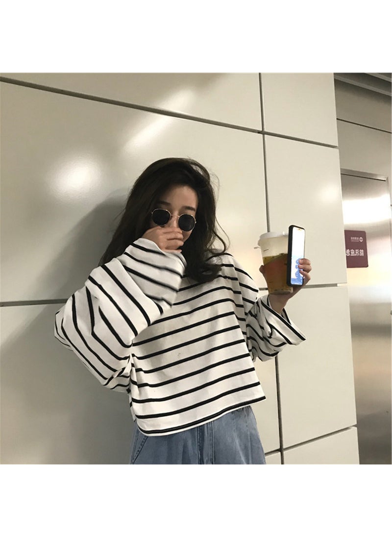 Womens Striped Long Sleeve Tee Autumn Korean Loose Round Neck White