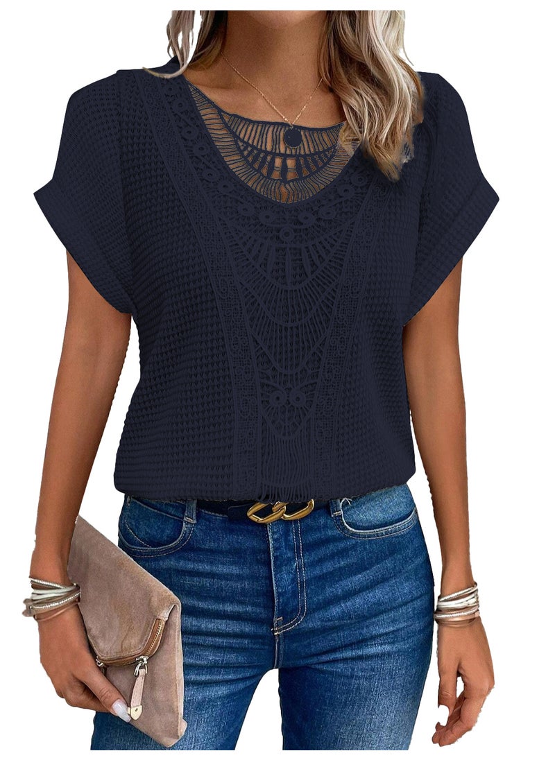 2024 Fashion Lace Patchwork Plus Size Tee Navy blue