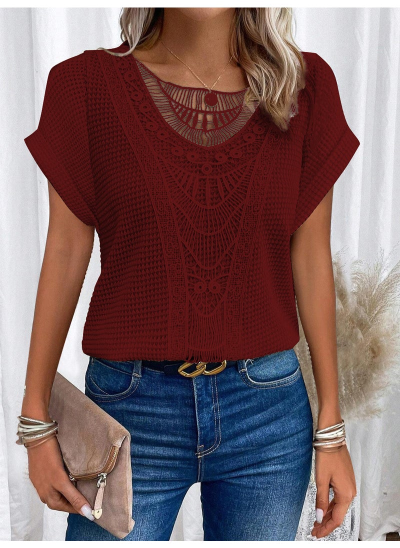 2024 Fashion Lace Patchwork Plus Size Tee Wine red